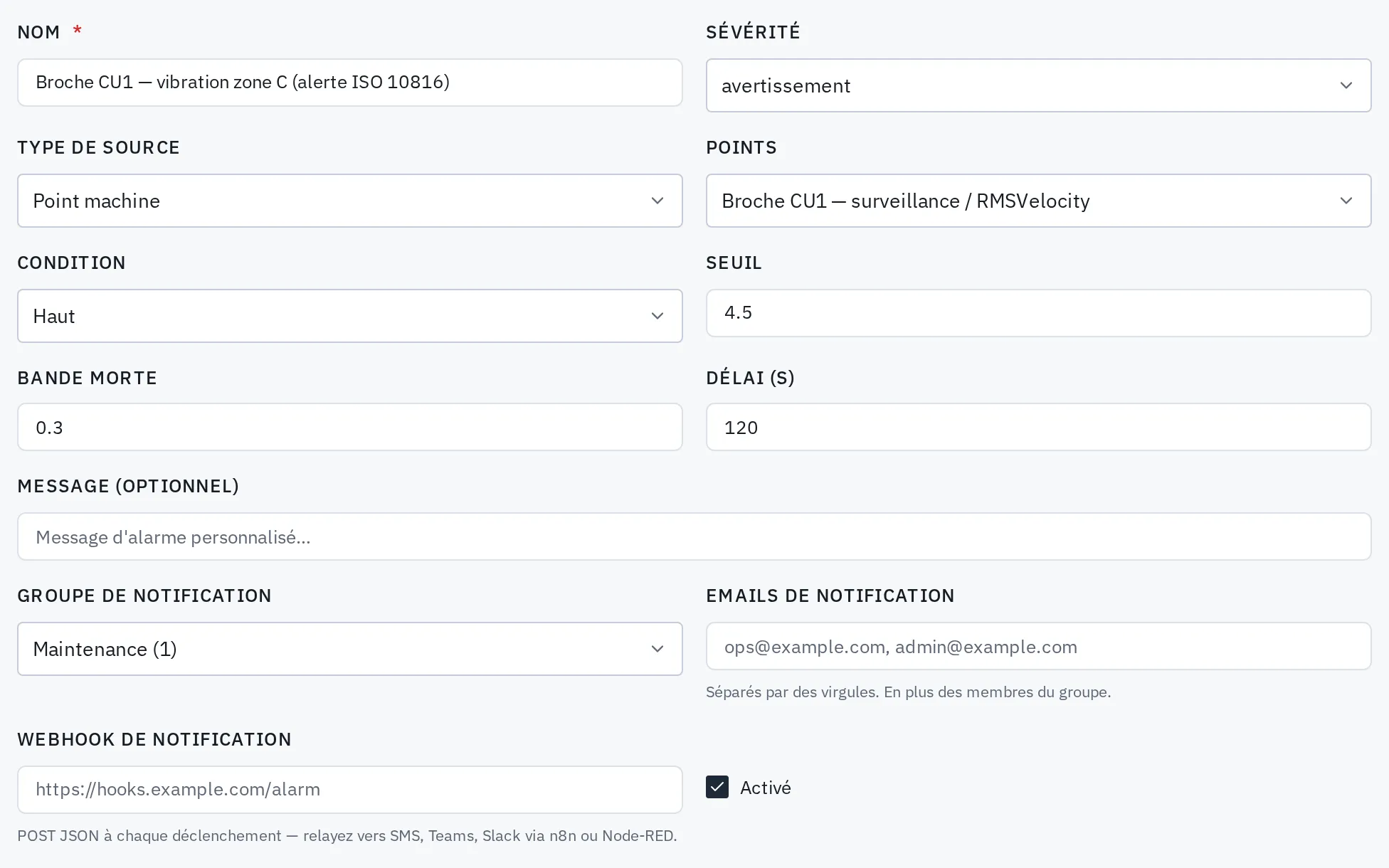 Réglage d'une alarme de vibration de broche dans Meshvise : sévérité, seuil, bande morte, délai, groupe de notification et webhook.