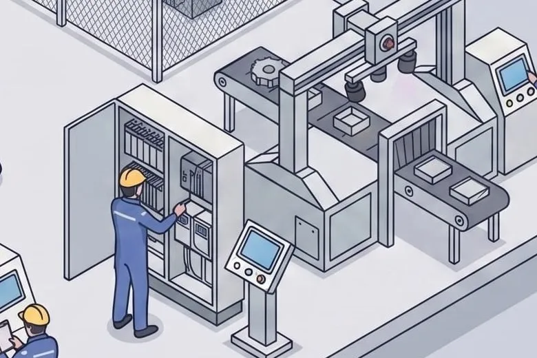 Un technicien de maintenance intervient dans une armoire électrique ouverte.